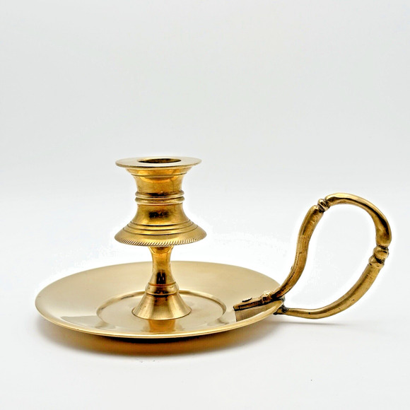 Vintage Solid Brass Chamber Style Taper Candlestick Holder Handle Heavy India - Picture 1 of 12